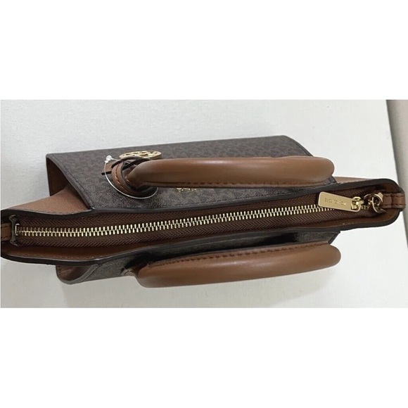 Michael Kors Avril Brown Signature PVC Leather Small Top Zip Satchel Convertible Handbag